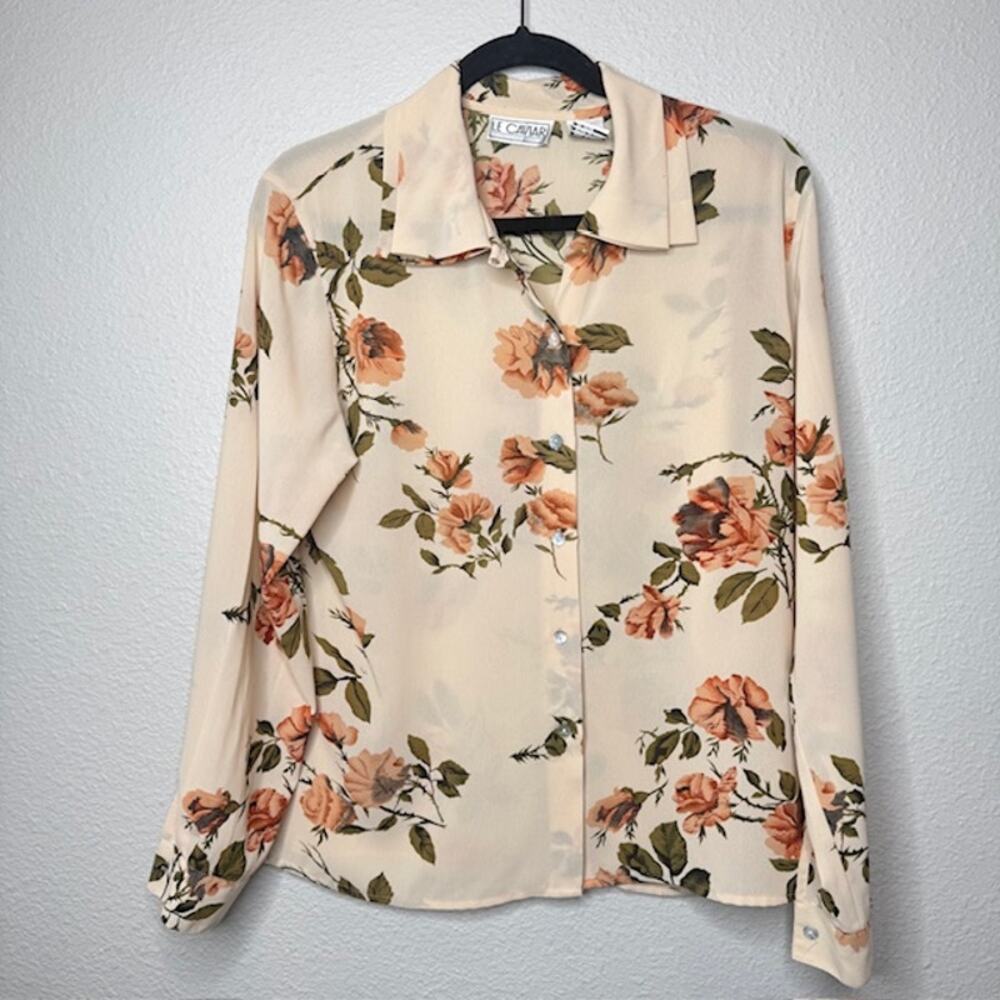 Le Caviar Sheer Floral Blouse M Beige Fall Cottagecore Button Front - Picture 2 of 14
